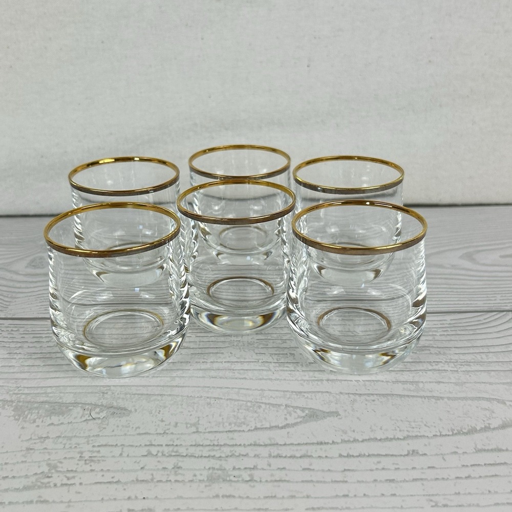 Set of 6 Vintage Gold Rimmed Cordial Liqueur Glass 1-3/4" tall Crystal Clear